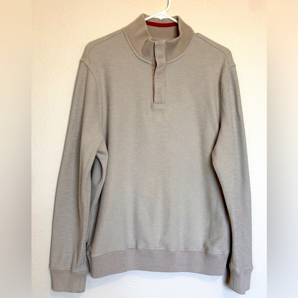 Perry Ellis quarter-button pullover sweater with elbow patches.